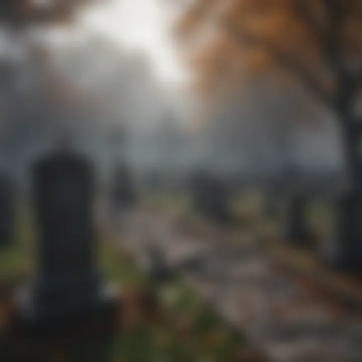 A spooky graveyard setup in a front yard with tombstones and eerie fog effects.