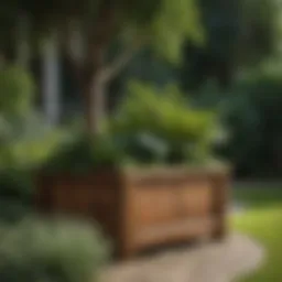 Elegant wooden tree planter box in a vibrant garden