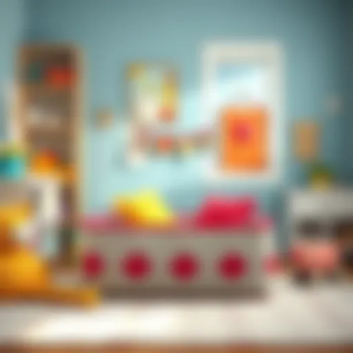 Colorful padded toy box in a modern children's room