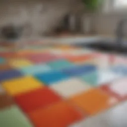 Close-up view of freshly painted kitchen tile countertop showcasing vibrant colors