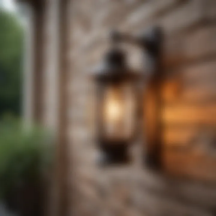 Rustic lantern-style wall light enhancing a charming outdoor space