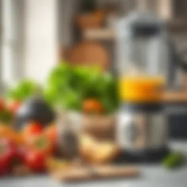 A variety of fresh ingredients beside a personal blender for smoothies