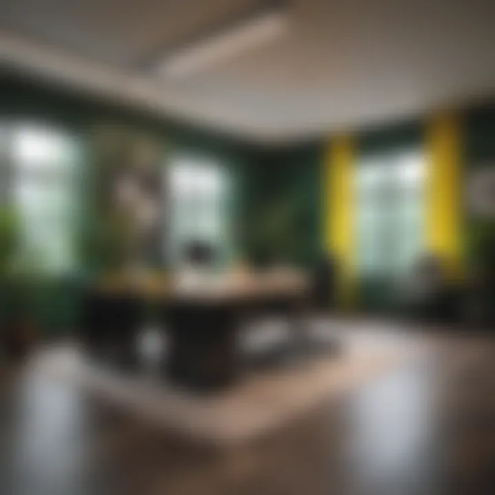 Dynamic office space with green and yellow highlights