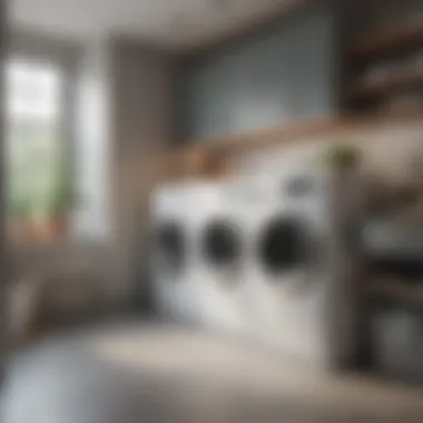 A serene laundry room with a washing machine and neatly organized supplies