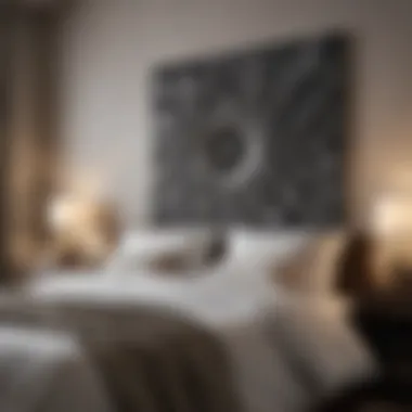 Elegant wall art behind a king bed featuring abstract designs