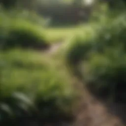 Close-up of lush grass contrasting with patchy areas