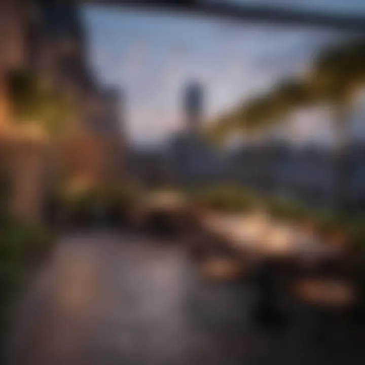 Rooftop dining setup with atmospheric lighting