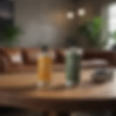 Eco-friendly cleaning agents arranged on a wooden table.
