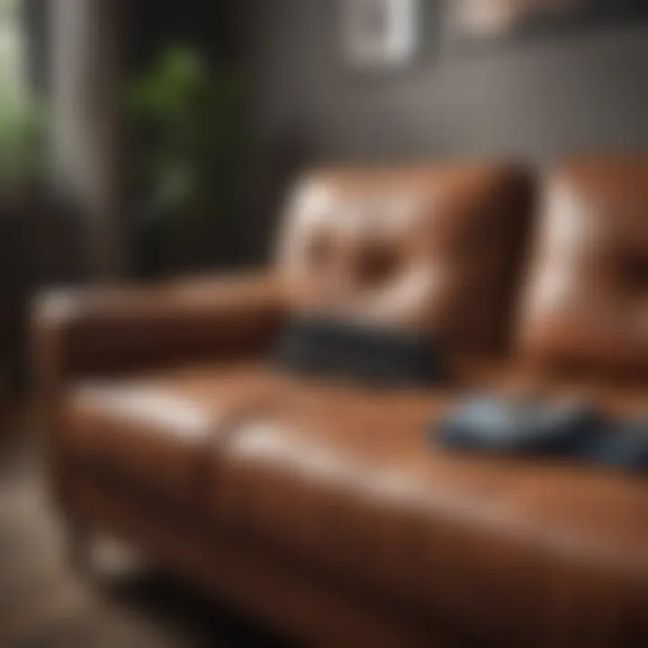 A leather sofa with cleaning tools placed nearby.