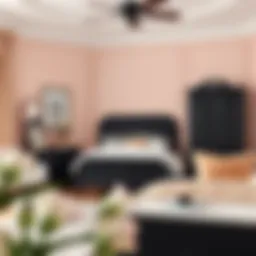 Elegant black bedroom furniture paired with soft pastel wall colors