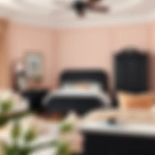 Elegant black bedroom furniture paired with soft pastel wall colors