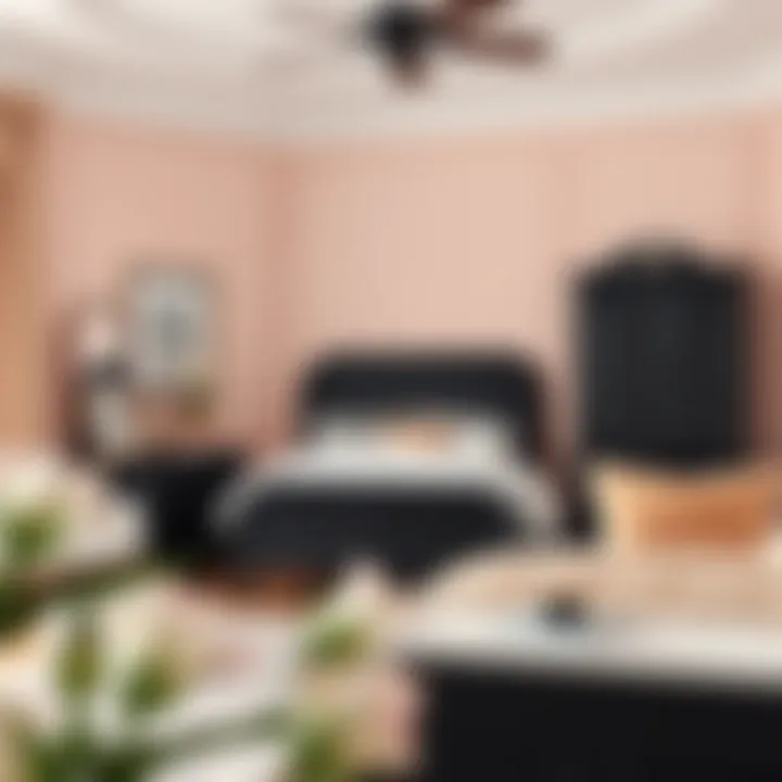 Elegant black bedroom furniture paired with soft pastel wall colors