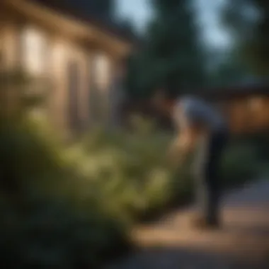 A homeowner applying spray to plants in the evening light