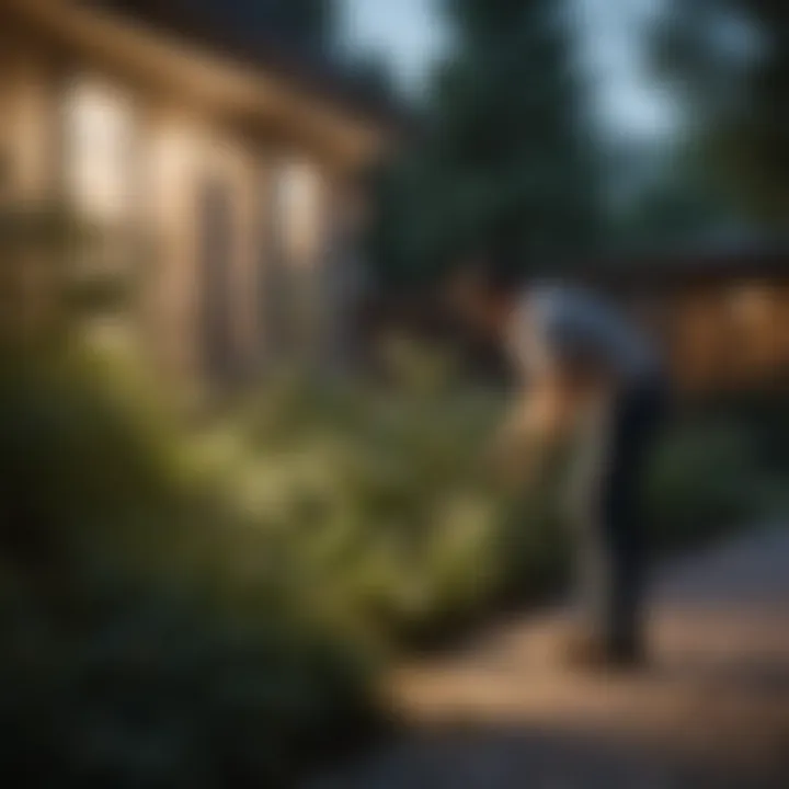 A homeowner applying spray to plants in the evening light