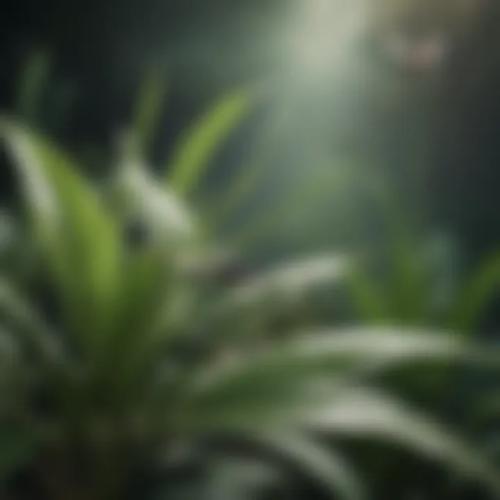 A close-up of gnats hovering over a plant leaf