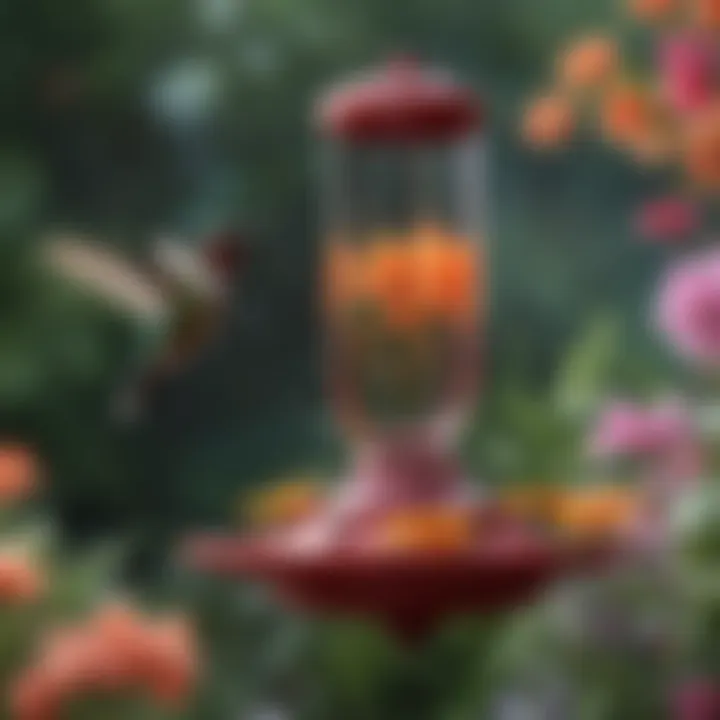 Colorful hummingbird feeder surrounded by flowers