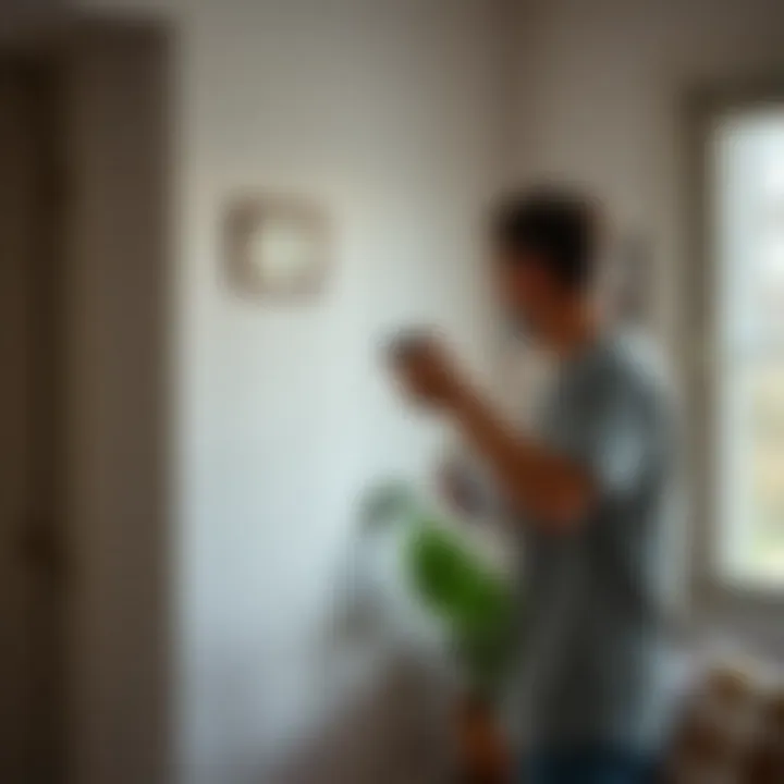 A person applying a chemical spray in a corner of a room with a focus on spider prevention