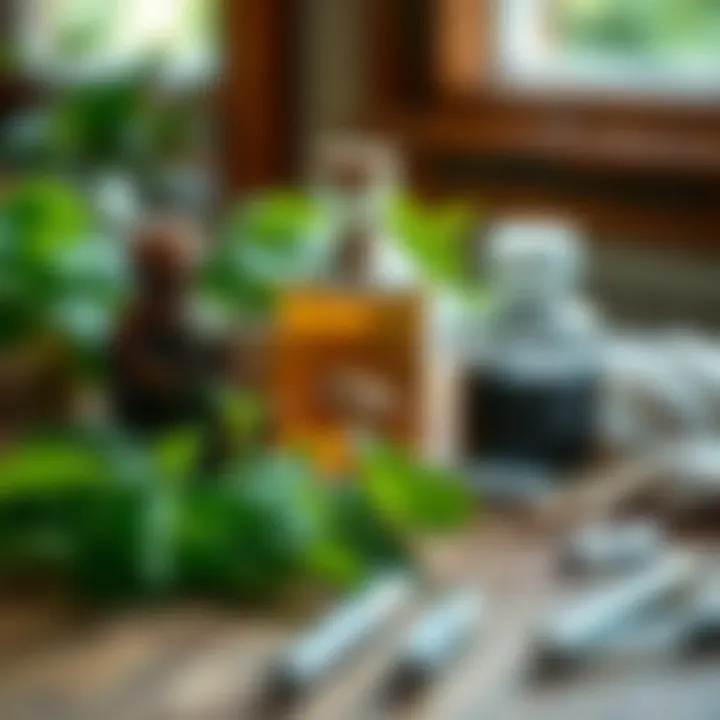 Natural repellent ingredients like peppermint and vinegar on a wooden table