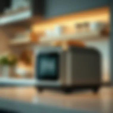Stylish kitchen featuring a sleek toaster with digital display