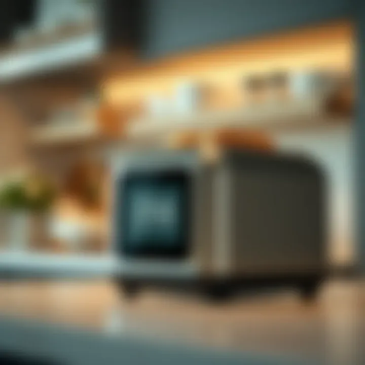 Stylish kitchen featuring a sleek toaster with digital display