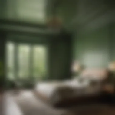 Tranquil Green Bedroom Design An inviting bedroom designed with matching wall and ceiling colors in a calming green, enhancing the tranquil atmosphere.