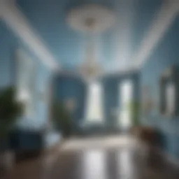 Elegant interior showcasing a room with walls and ceiling painted in a soft blue hue, creating a serene environment.
