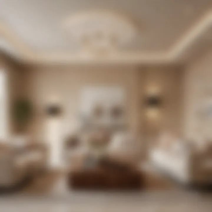 A modern living area with cohesive design, featuring matching wall and ceiling colors in a warm beige tone.