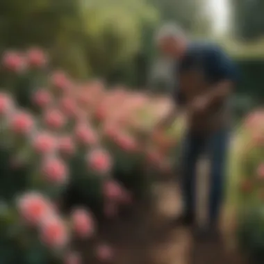 Cultivating Heavily Scented Roses A gardener tending to a thriving patch of heavily scented roses, showcasing cultivation techniques and care.