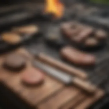 Essential Tools for Mastering Wood Grilling Grilling tools laid out for wood grilling