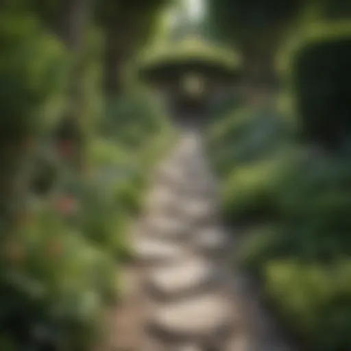 An elegant stone pathway winding through a lush garden