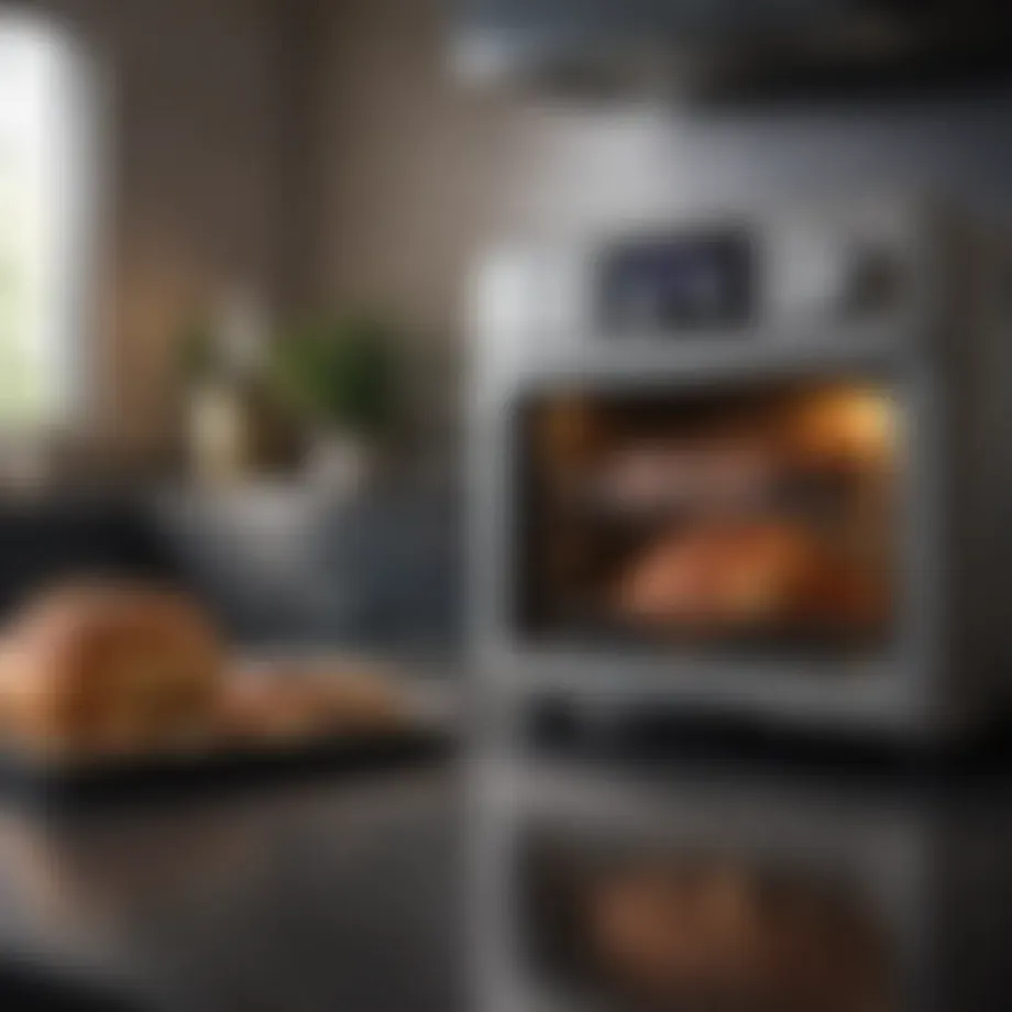 A sleek air fryer toaster oven with multiple cooking settings