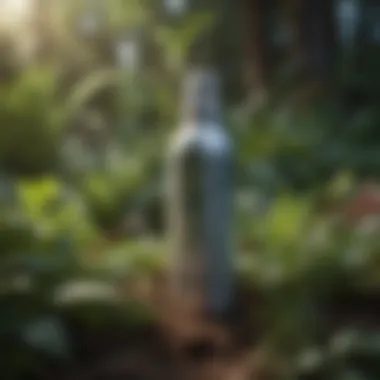 Mosquito Repellent Bottle in Natural Setting Close-up of a mosquito repellent bottle among plants