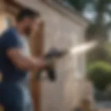 Professional paint sprayer in action on a residential home exterior