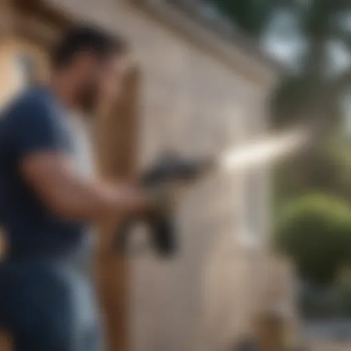 Professional paint sprayer in action on a residential home exterior