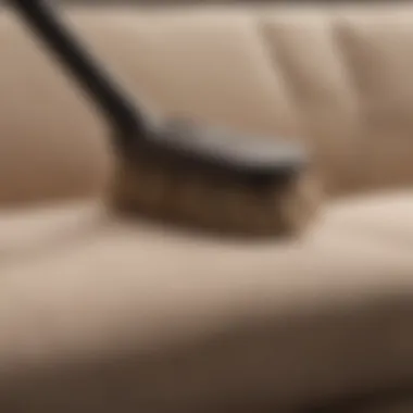 Effective Brushing Technique on Upholstery A close-up of a brush gently cleaning a fabric sofa.