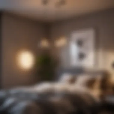 Close-up of a contemporary pendant light highlighting bedroom decor