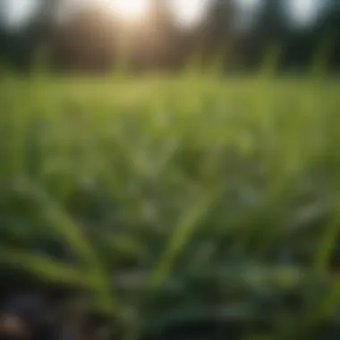 A close-up of water droplets on grass blades