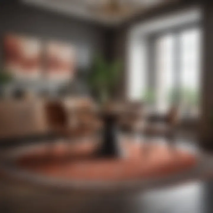 Stylish room showcasing a round dining table on a complementary carpet