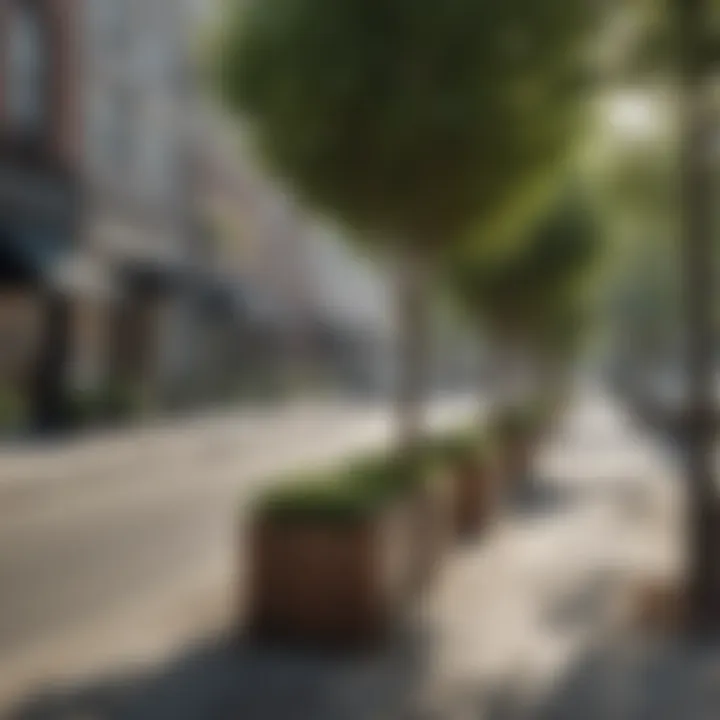 A street lined with tree plant boxes, enhancing the sidewalk's appeal.