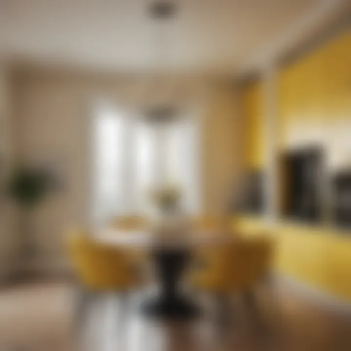 Elegant dining area within a kitchen enhanced with yellow accents