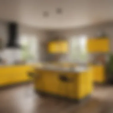 Open kitchen layout showcasing yellow accent walls and bright lighting