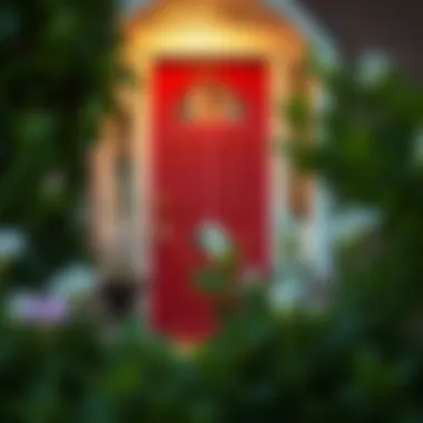 A striking red front door adorned with elegant decor