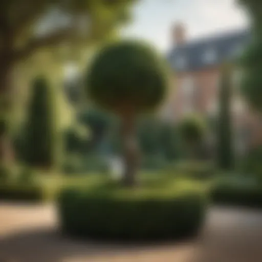 A beautifully shaped evergreen topiary in an elegant garden setting
