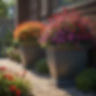 Elegant small yard with layered planters and colorful flowers
