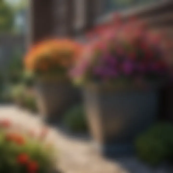 Elegant small yard with layered planters and colorful flowers