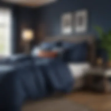 Trendy Accessories for Navy Blue Bedding Trendy accessories complementing navy blue coastal bedding in a serene room.