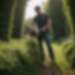 Battery-operated hedge cutter in action