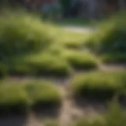 A close-up view of a lawn with bare spots