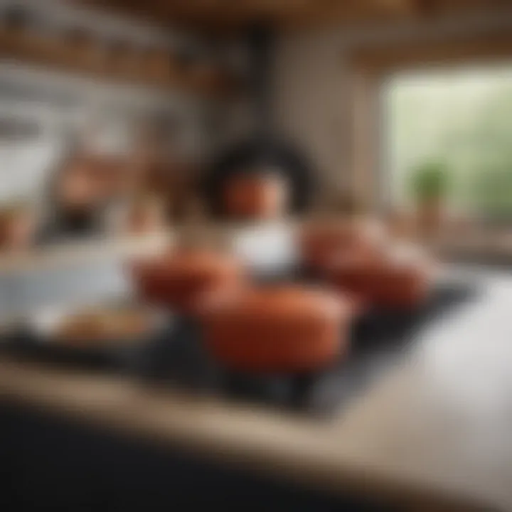 An array of Dutch ovens in different sizes displayed in a kitchen setting.