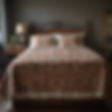 Historical quilt with unique patterns displayed on a vintage bed frame